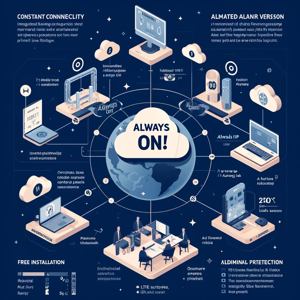 DALL·E 2024 03 31 08.12.47 Create an informative and engaging infographic that highlights the key benefits of the 'Always On!' service by Bulltech Informatica. The infographic s